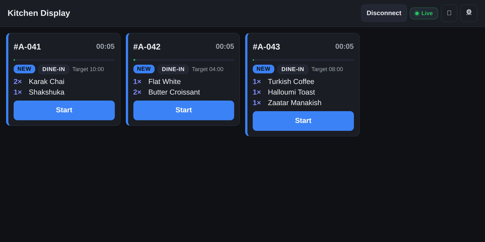 The Rabbit kitchen screen: three order tickets with item lists, prep targets, and start buttons