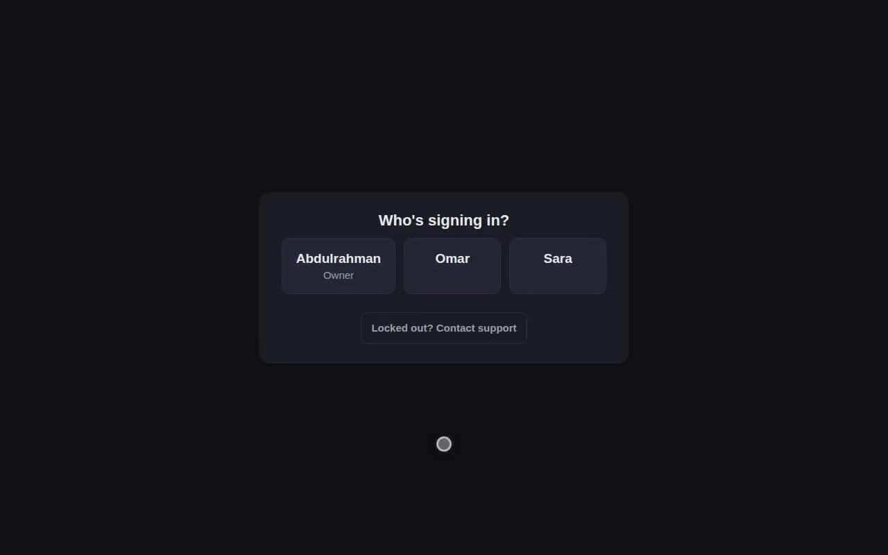 The staff lock screen asking who's signing in, with a tile for each person
