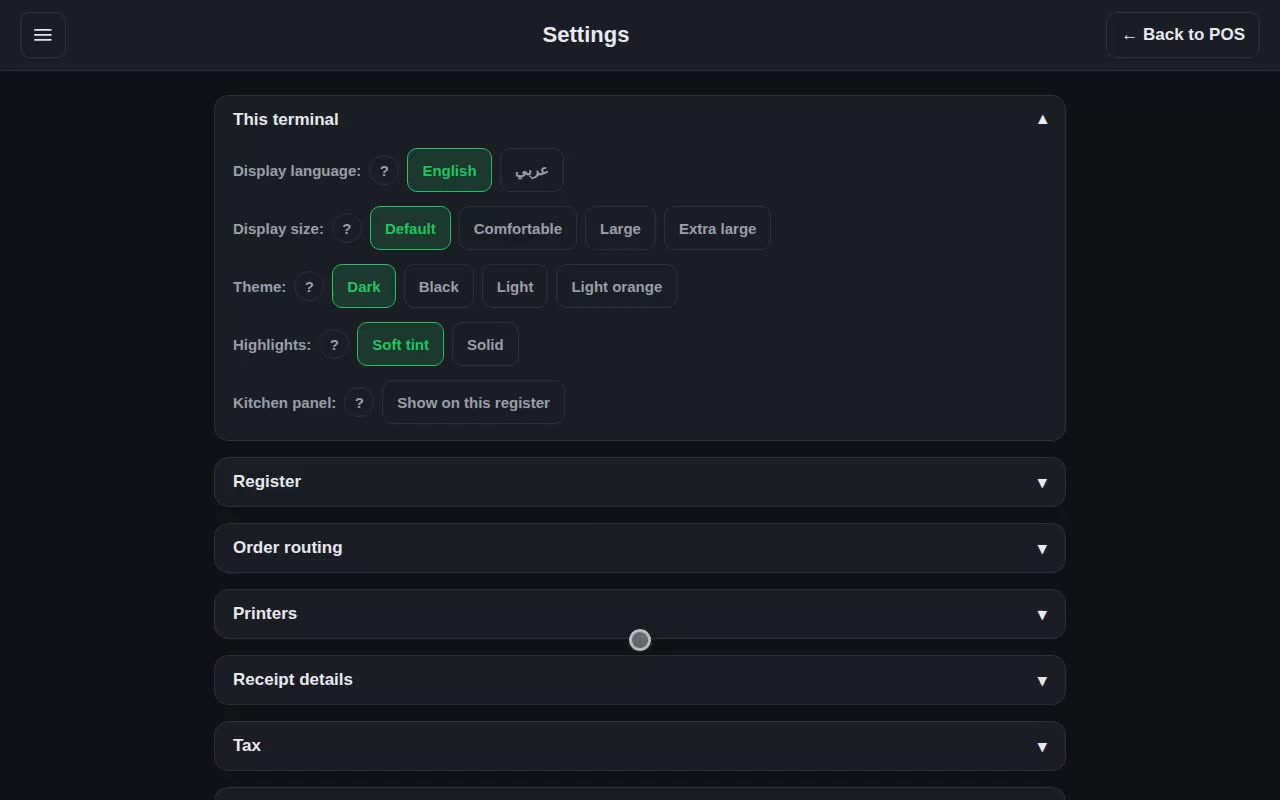 The terminal settings page, theme row showing Dark, Black, Light, and Light orange